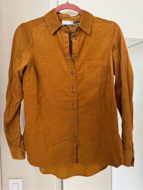 Anthropologie Corduroy Button-Up mustard/rust color w/ contrast floral trim